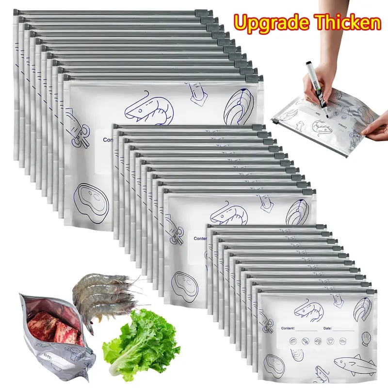 (30pcs )Reusable Aluminum Foil Sealable Storage Bags, 2025 New Resealable Vacuum Zipper Pouches for Food, Stand Up Foil Sealable Bags with Label and Zip Lock for Vegetable Fruit Meat