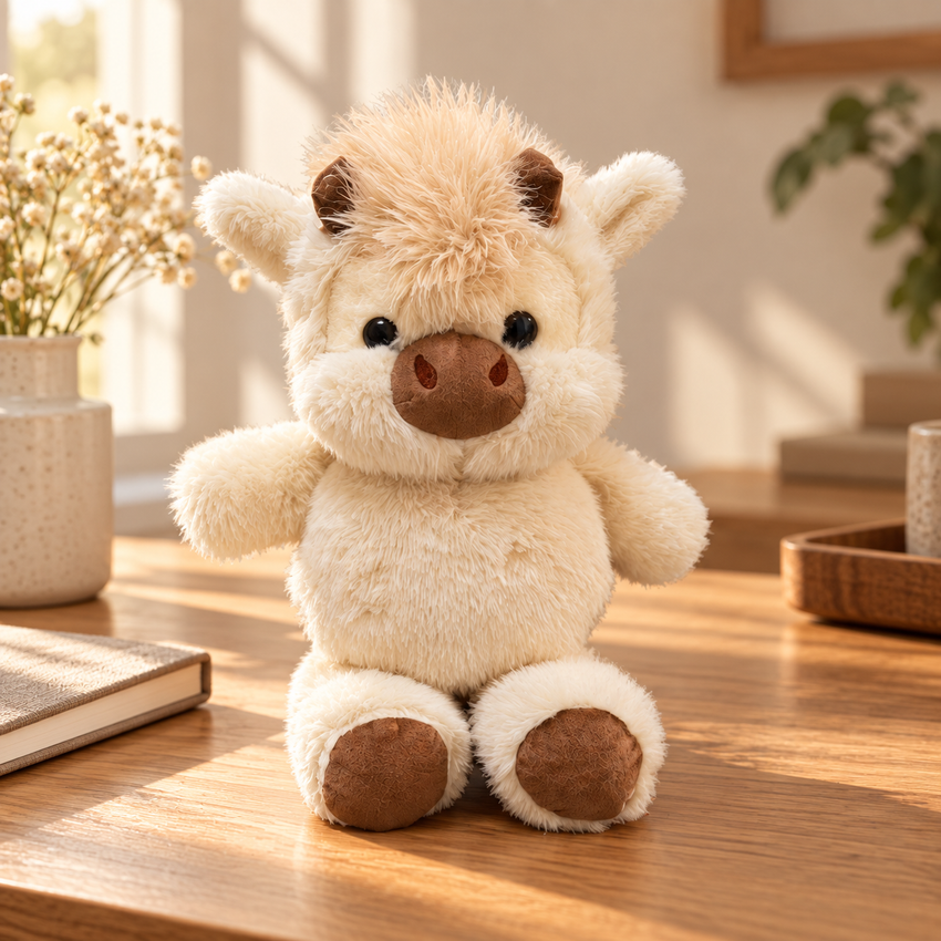 Cream calf plush on an oak desk