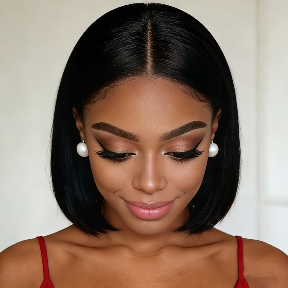 The bob wig's clean center part and straight finish