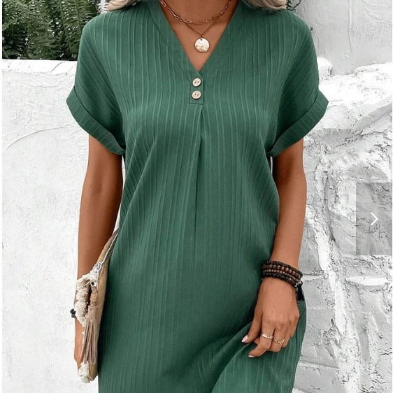 V-Neck Short Sleeve Solid Pullover Button Dress