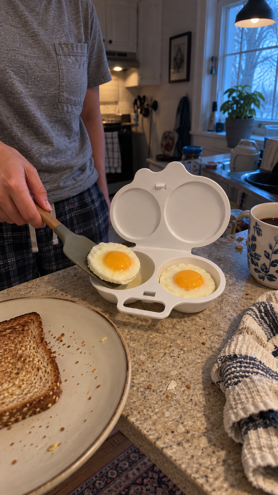 Illustrative scene: a person serving an egg from the white maker in a dim home kitchen
