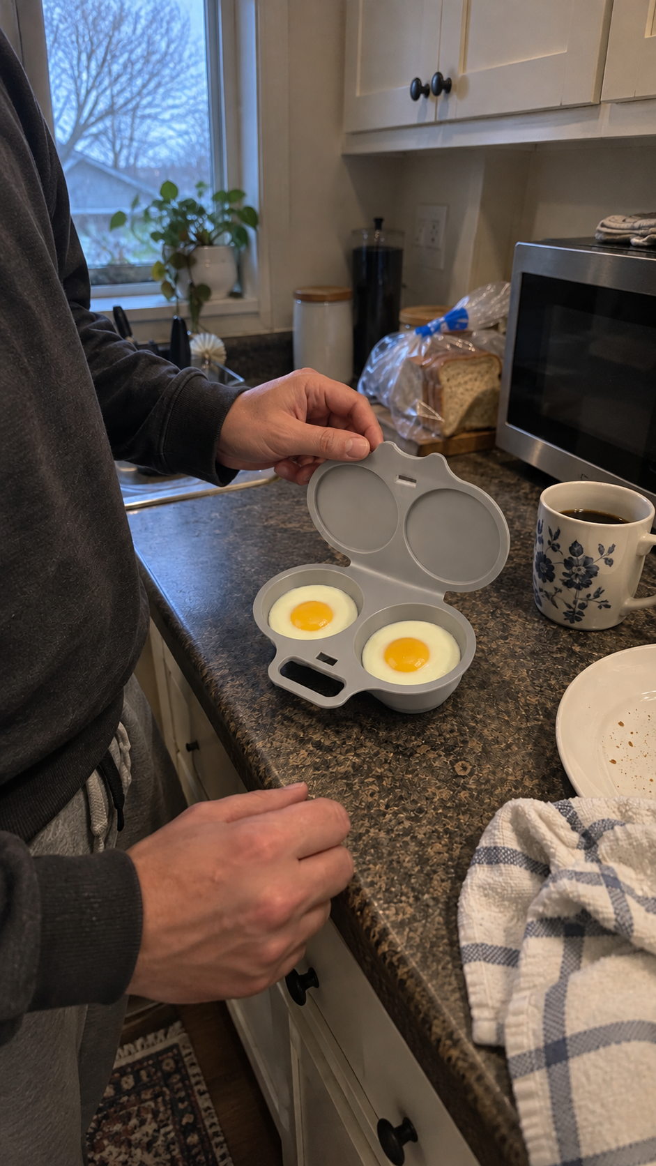 Illustrative scene: a person opening the gray maker on an everyday kitchen counter in uneven ambient light