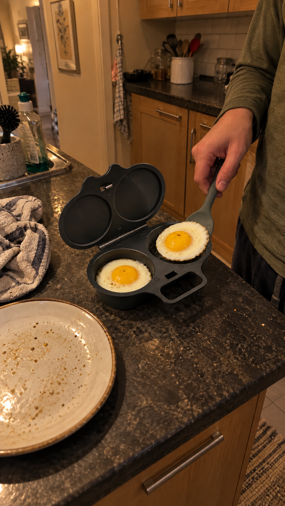 Illustrative scene: a person using a spatula with the charcoal maker in a dimly lit kitchen