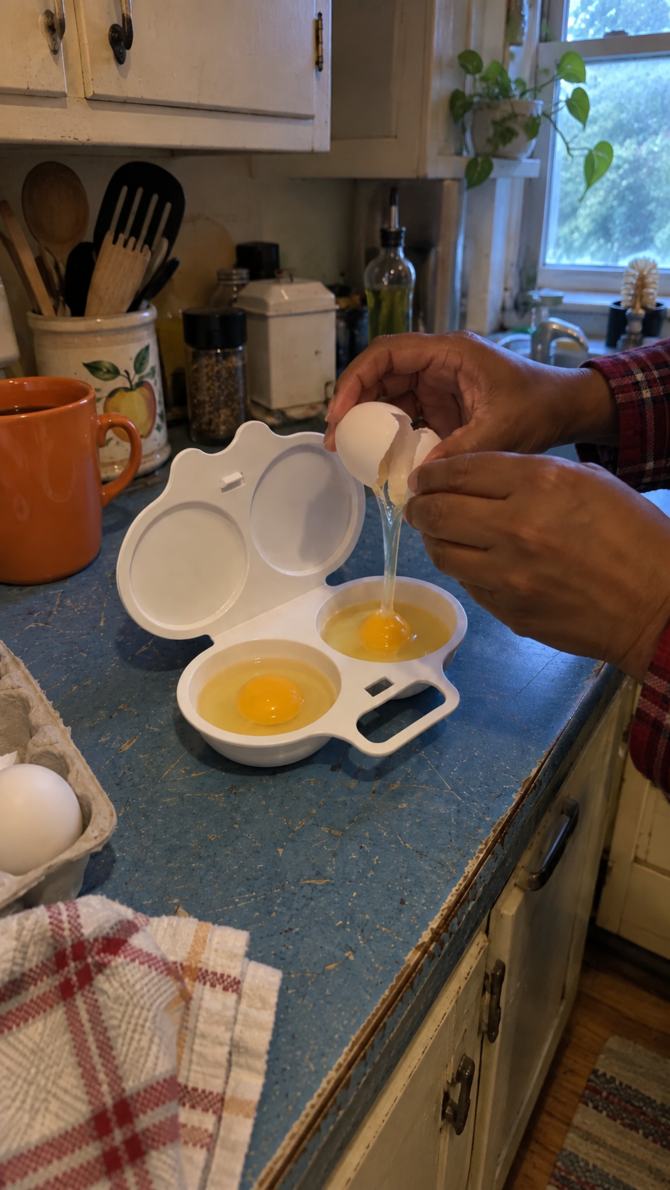 Illustrative scene: a person cracking an egg into the white maker on a worn blue kitchen counter in low morning light