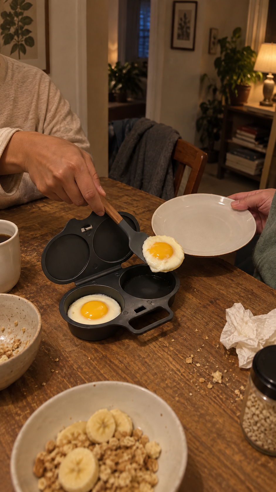 Illustrative scene: two people sharing eggs from the charcoal maker at a dimly lit wooden breakfast table