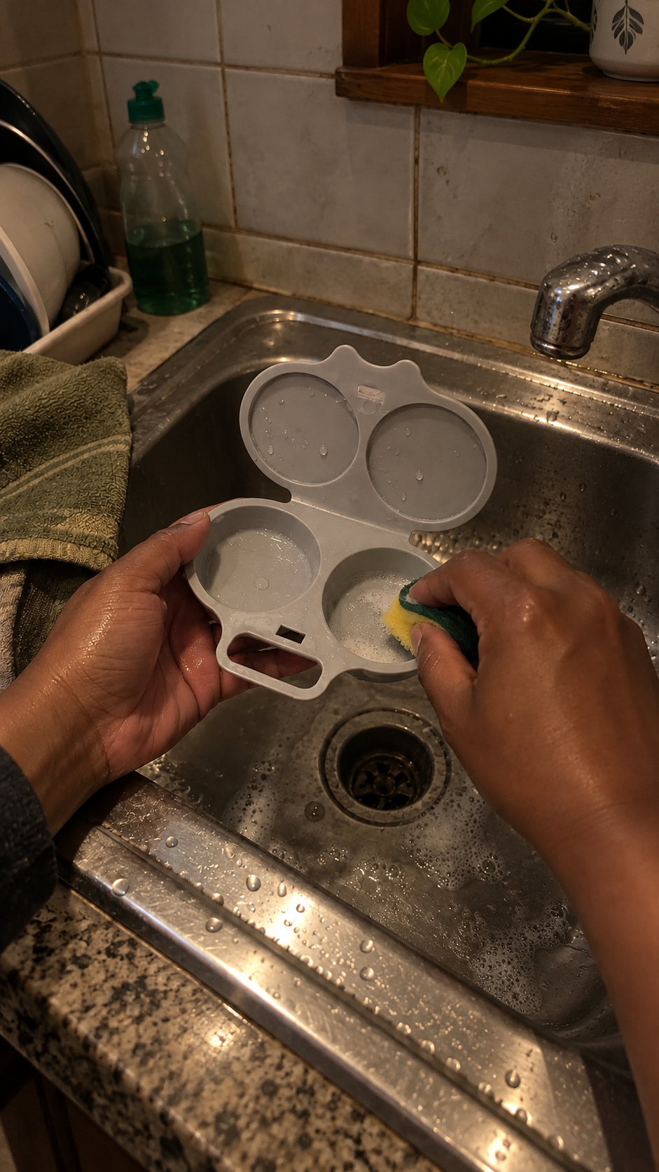 Illustrative scene: a person washing the gray maker with a soft sponge in a household sink under dim warm light