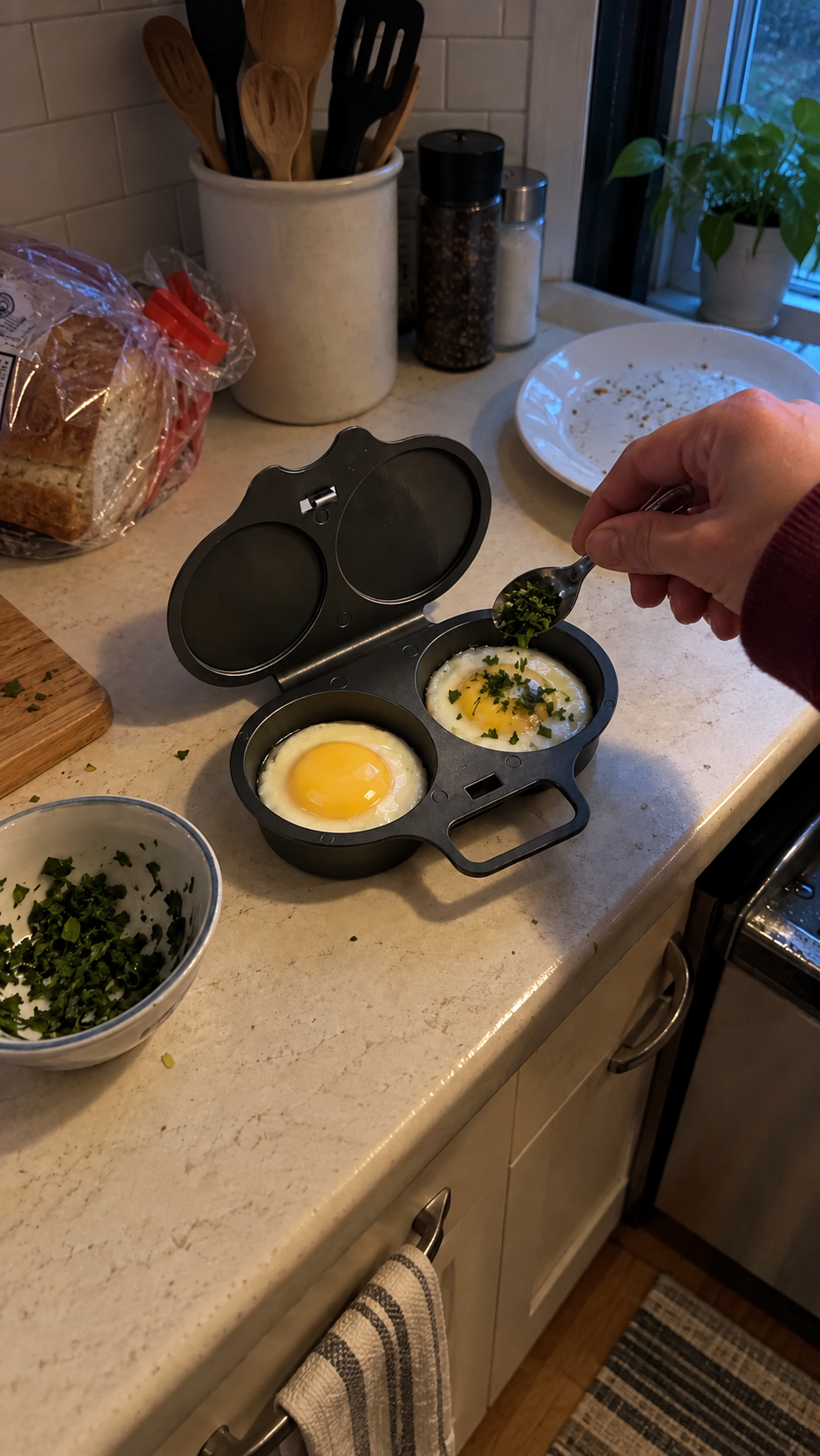 Illustrative scene: a person adding herbs to eggs in the charcoal maker in a home kitchen with mixed ambient light