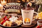 White fondue cup with fruit, cake and marshmallows
