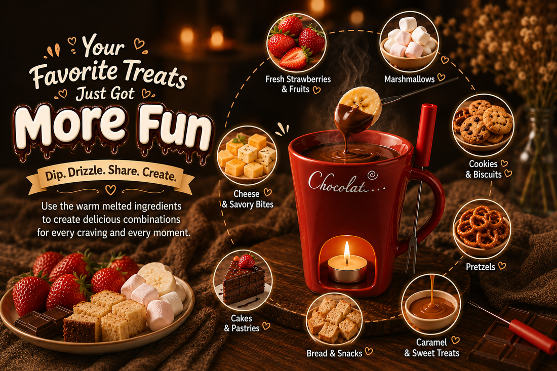 Chocolate fondue serving ideas with fruit, cookies and pretzels