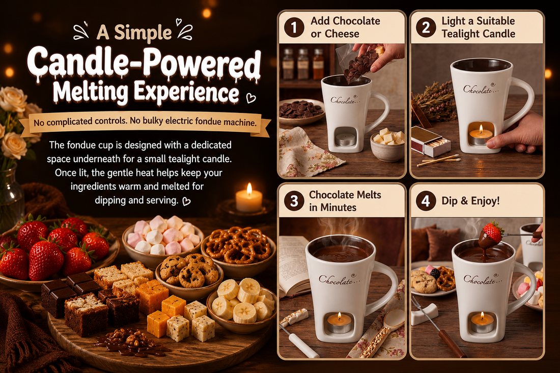 Add suitable ingredients, place a tealight in the base, warm and enjoy