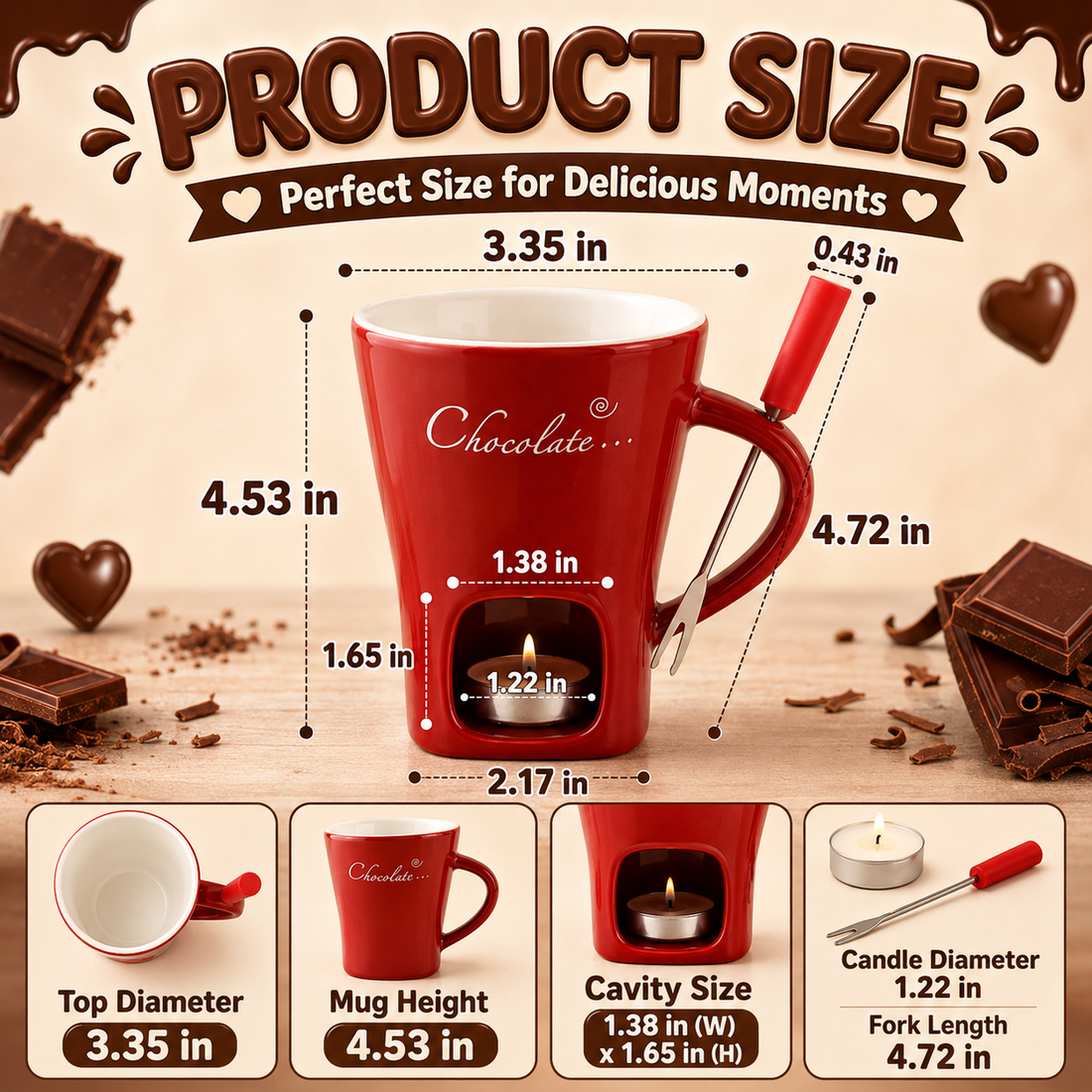 Size and dimensions of the ceramic fondue cup and fork