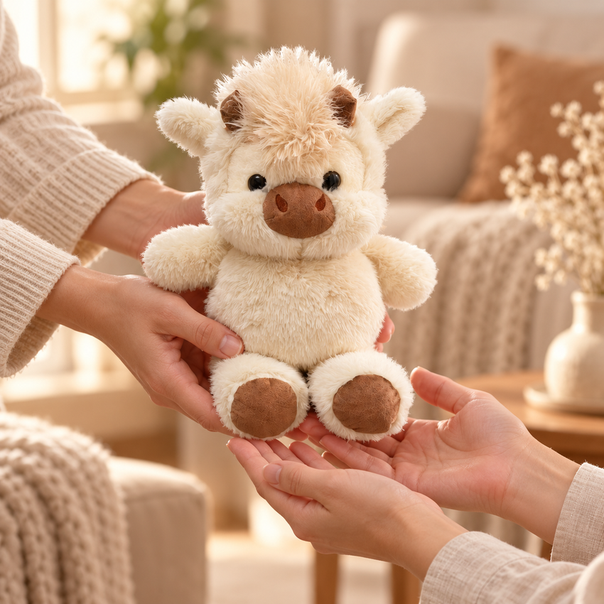 Hands giving a cream calf plush