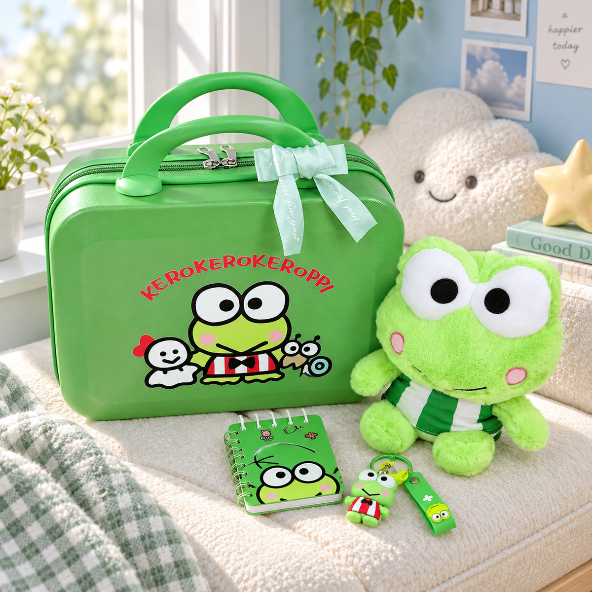 KRP green suitcase and plush in a sunny collector room