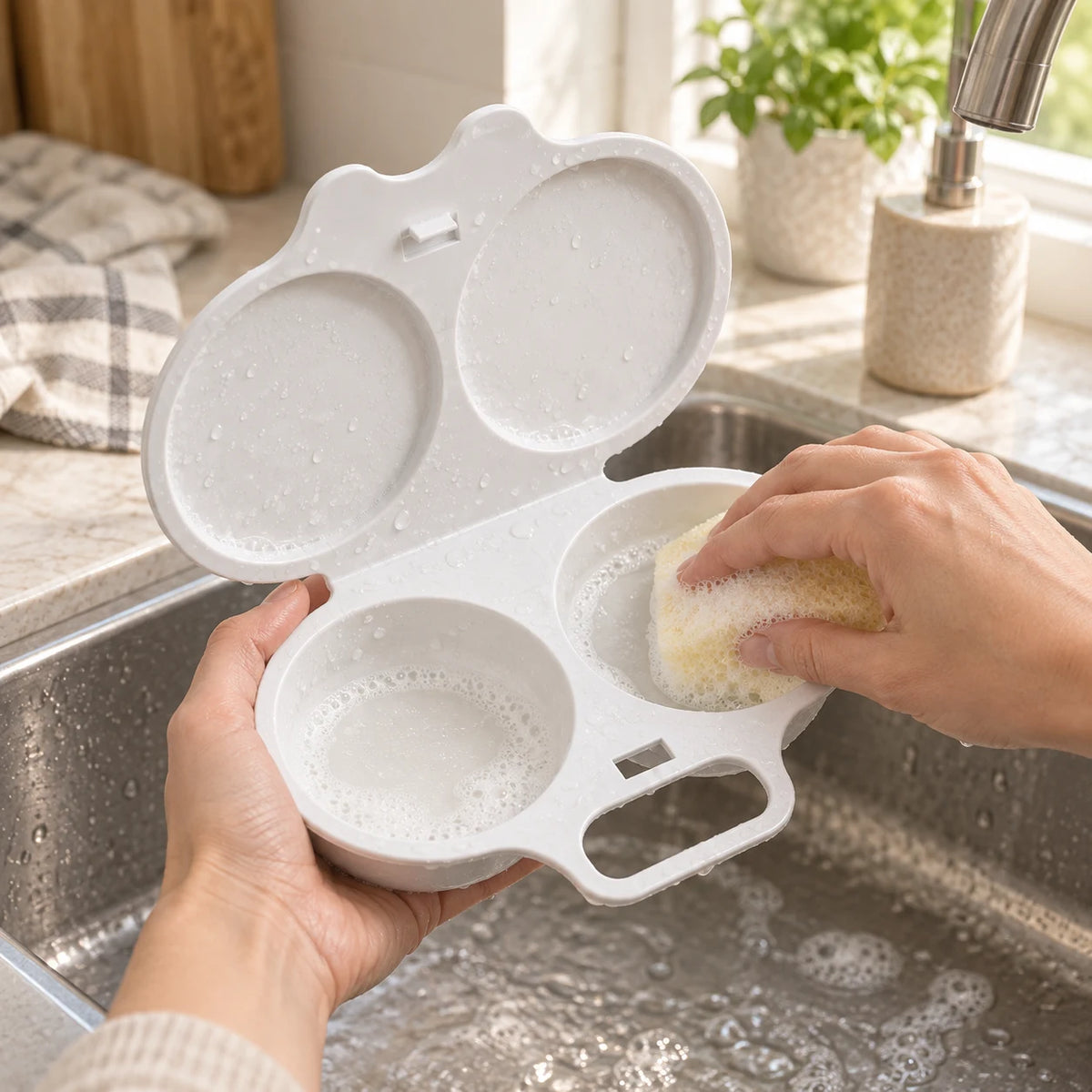 Illustrative scene of the white egg maker being gently hand-washed