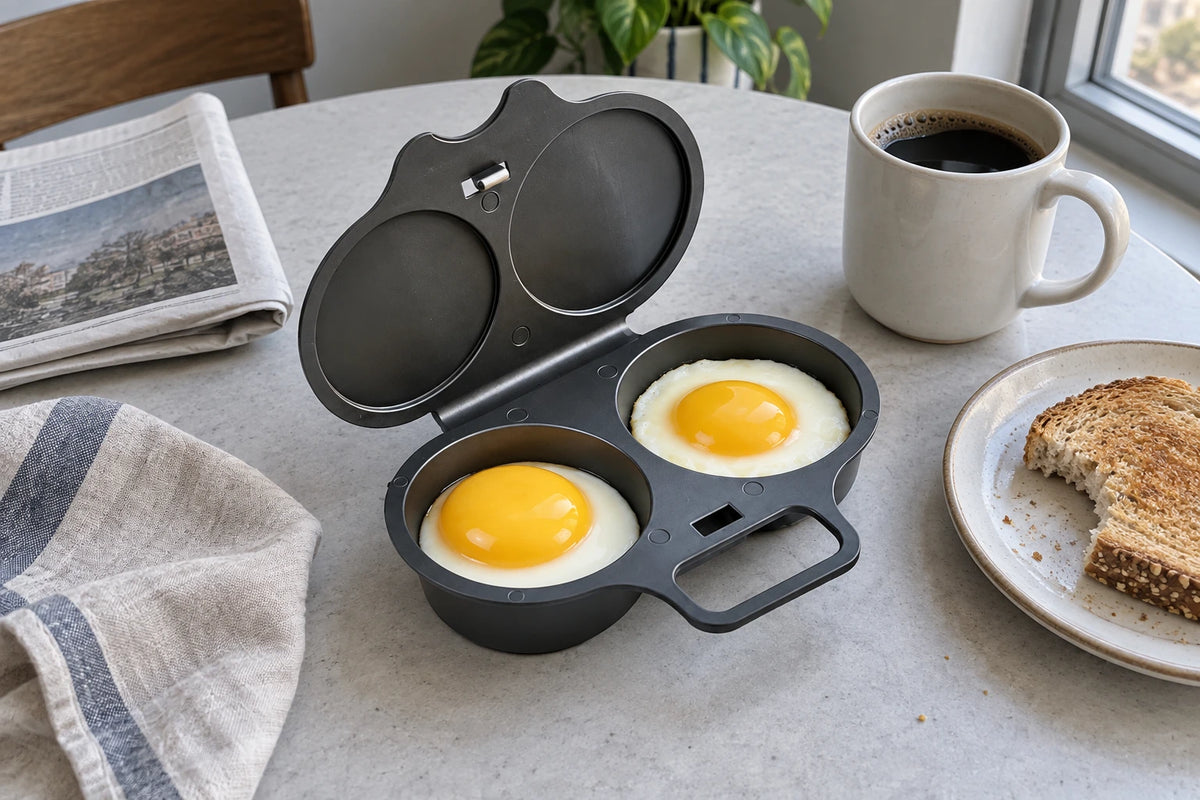 Illustrative scene: charcoal egg maker beside coffee and toast in a home dining nook