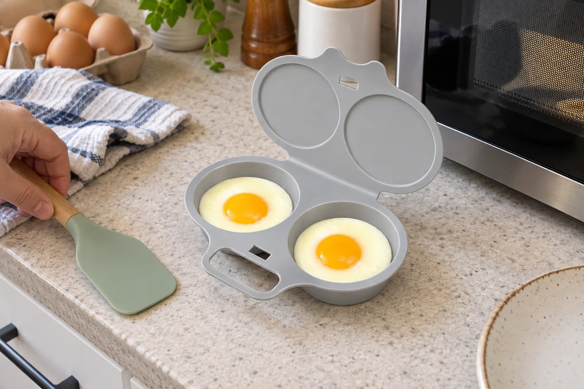 Illustrative scene: gray egg maker on an everyday kitchen counter near a microwave