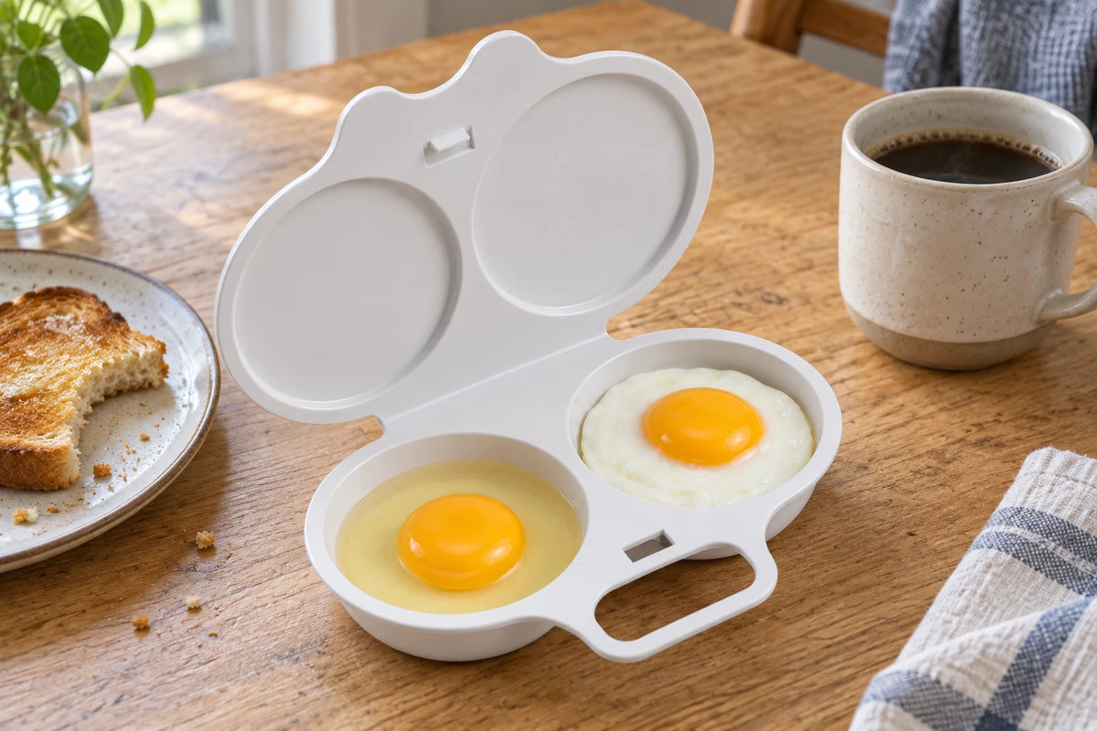 Illustrative scene: white egg maker on a breakfast table with toast and coffee